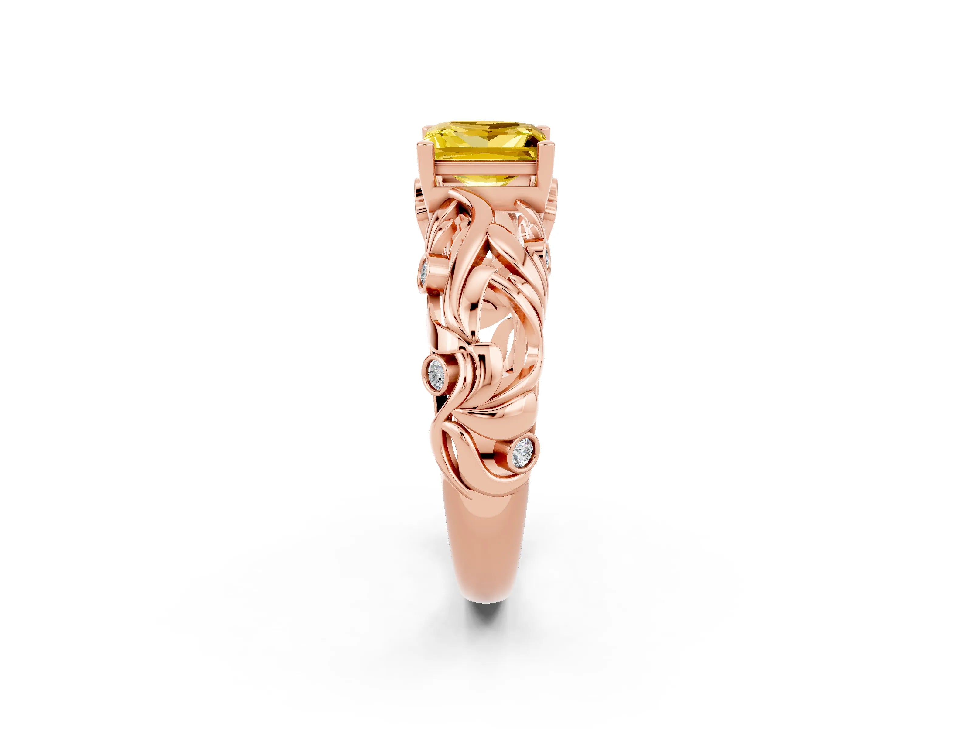Rose gold Princess Cut Solitaire Yellow Sapphire Leaf-Inspired Vine Band Ring with Prong Setting_26