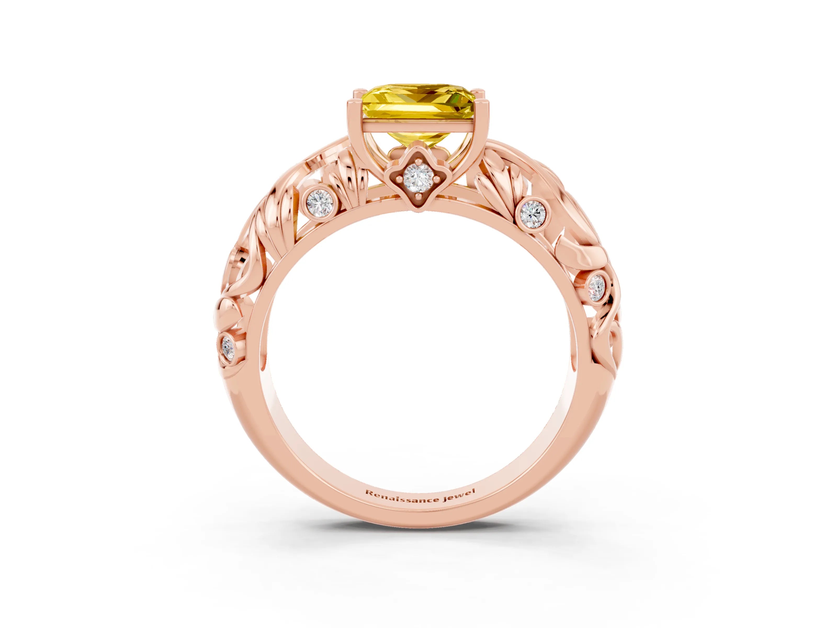 Rose gold Princess Cut Solitaire Yellow Sapphire Leaf-Inspired Vine Band Ring with Prong Setting_27