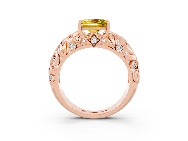 Rose gold Princess Cut Solitaire Yellow Sapphire Leaf-Inspired Vine Band Ring with Prong Setting