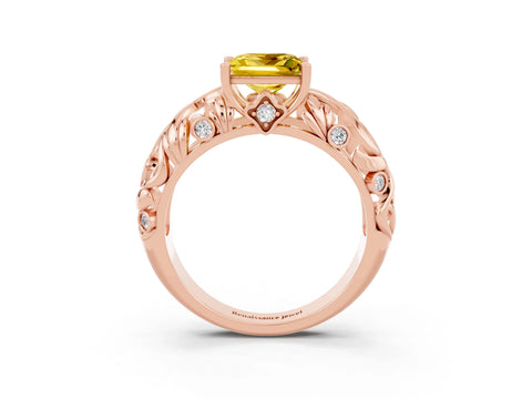 Rose gold Princess Cut Solitaire Yellow Sapphire Leaf-Inspired Vine Band Ring with Prong Setting_27