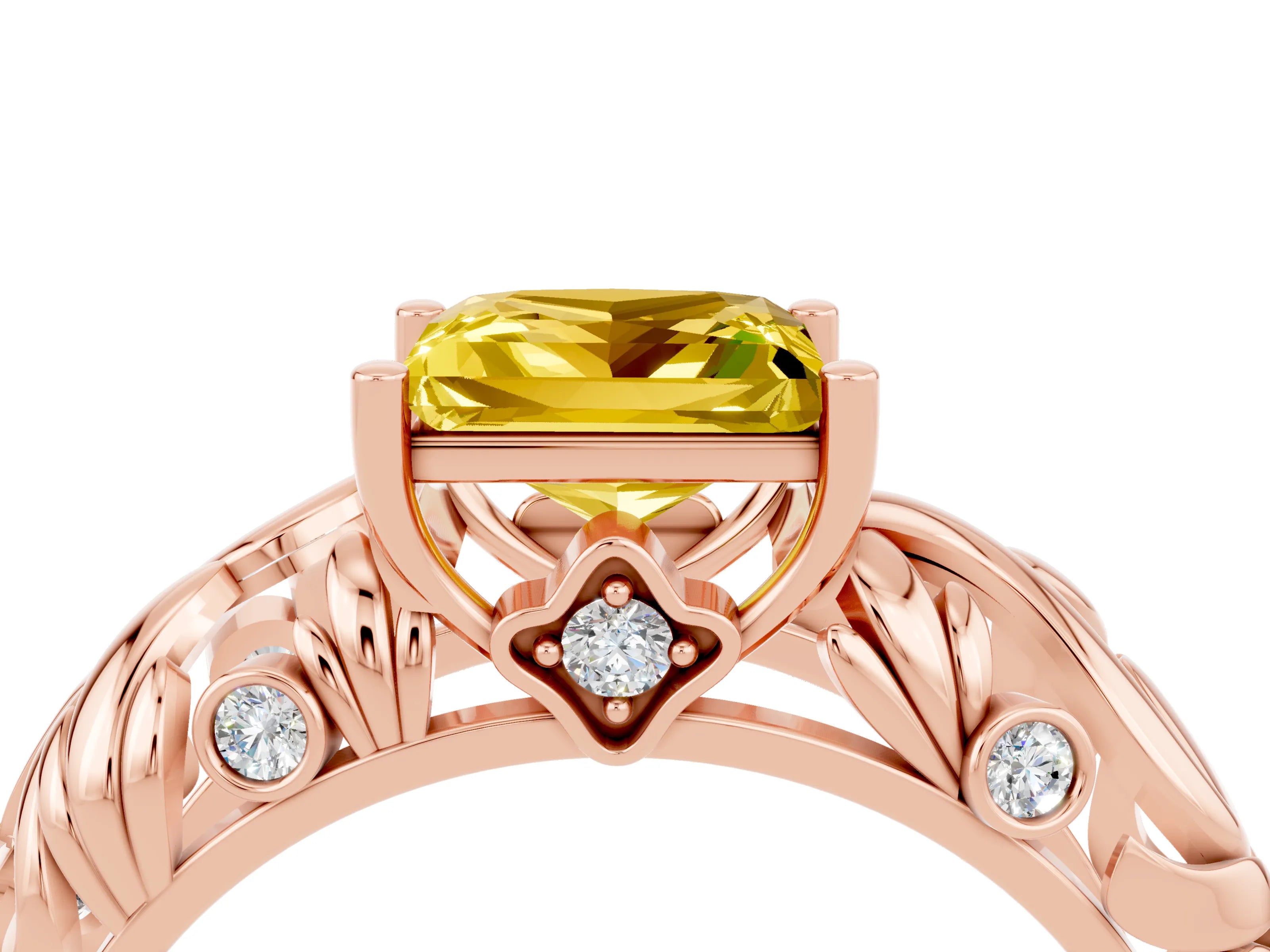 Rose gold Princess Cut Solitaire Yellow Sapphire Leaf-Inspired Vine Band Ring with Prong Setting_28