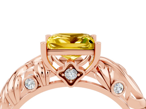 Rose gold Princess Cut Solitaire Yellow Sapphire Leaf-Inspired Vine Band Ring with Prong Setting_28