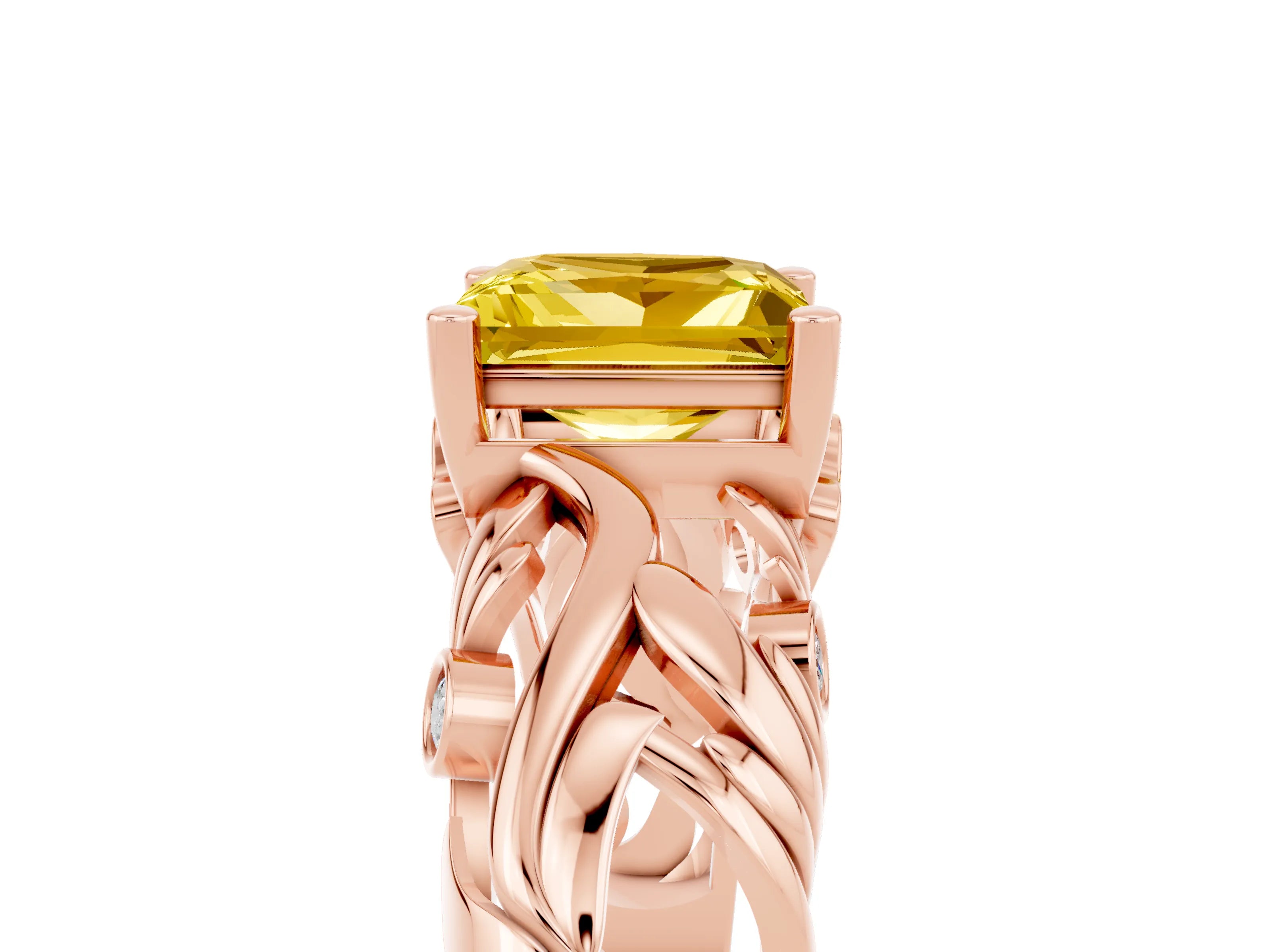 Rose gold Princess Cut Solitaire Yellow Sapphire Leaf-Inspired Vine Band Ring with Prong Setting_29