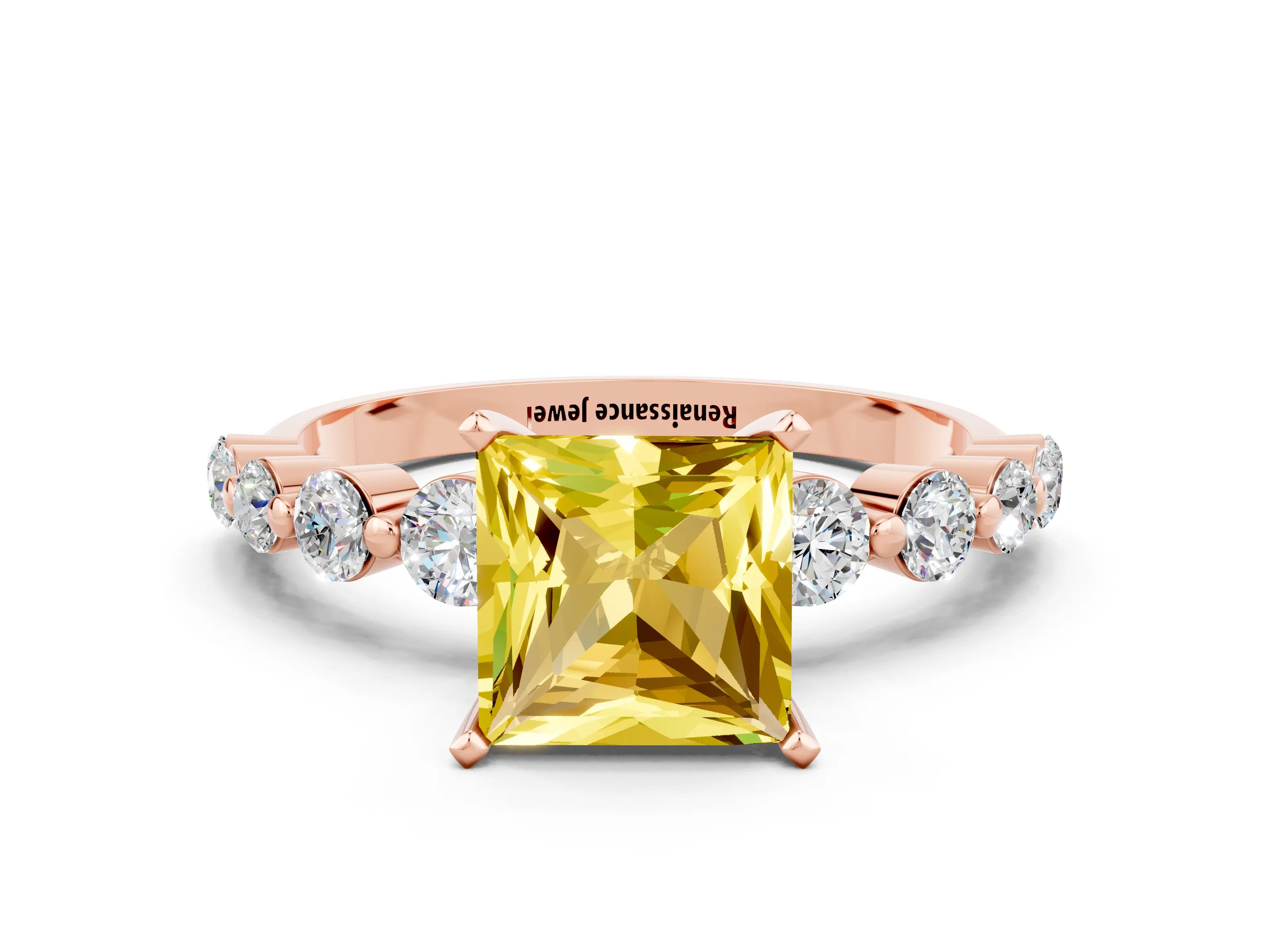 Rose gold Princess Cut Solitaire Yellow Sapphire Ring with Pave Band and Four-Prong Setting_24