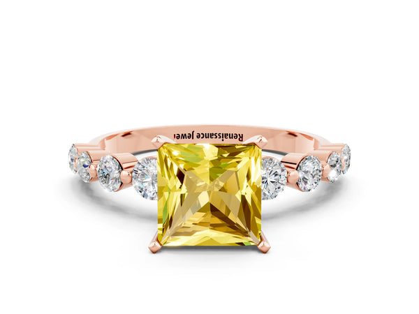 Rose gold Princess Cut Solitaire Yellow Sapphire Ring with Pave Band and Four-Prong Setting