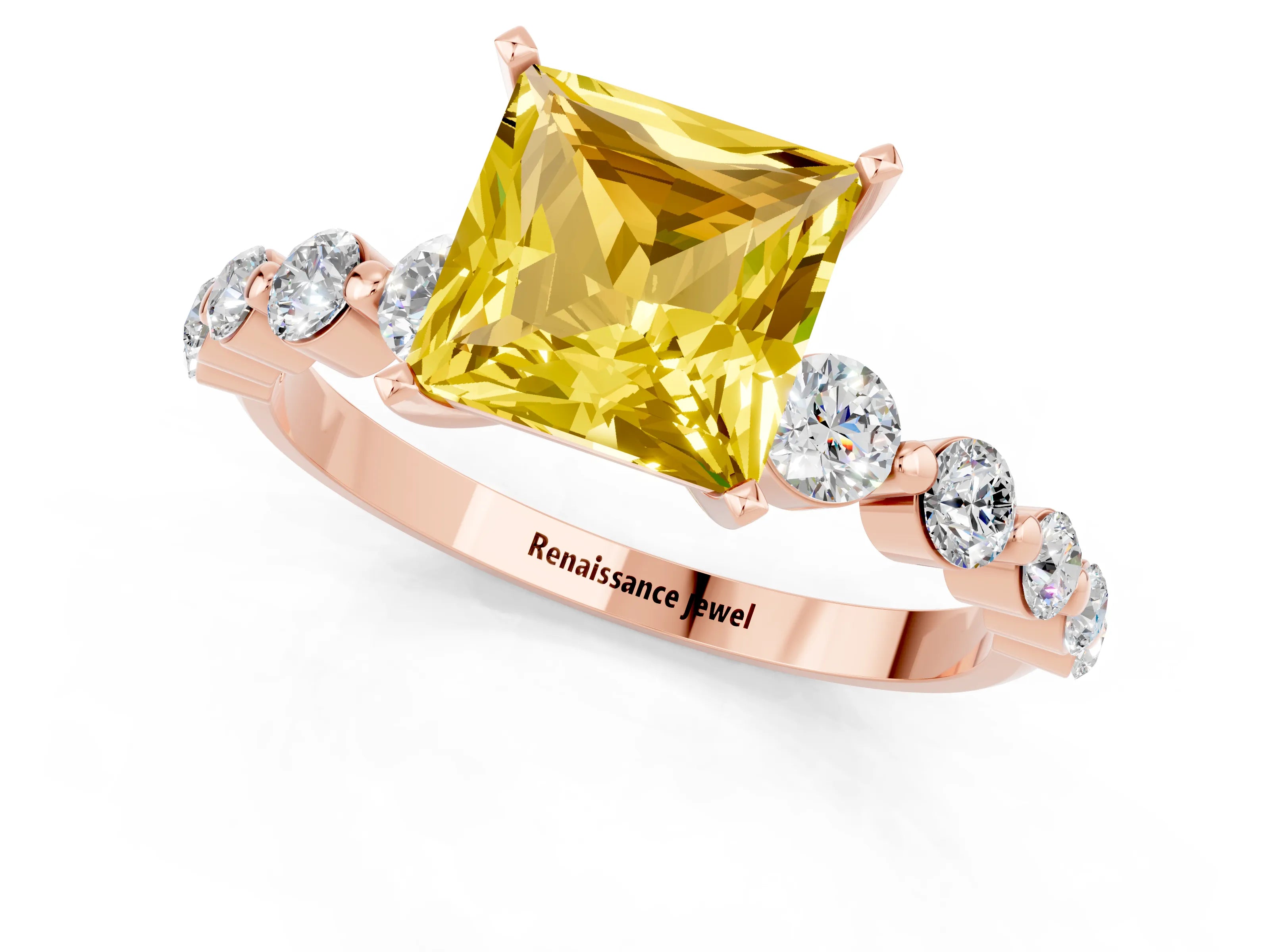 Rose gold Princess Cut Solitaire Yellow Sapphire Ring with Pave Band and Four-Prong Setting_25