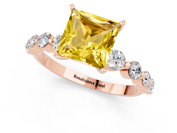Rose gold Princess Cut Solitaire Yellow Sapphire Ring with Pave Band and Four-Prong Setting