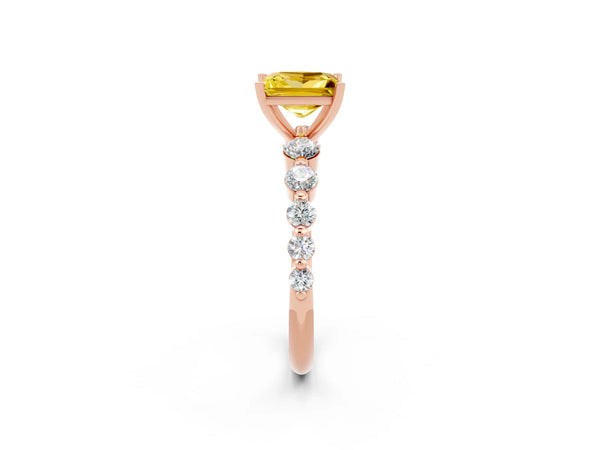 Rose gold Princess Cut Solitaire Yellow Sapphire Ring with Pave Band and Four-Prong Setting