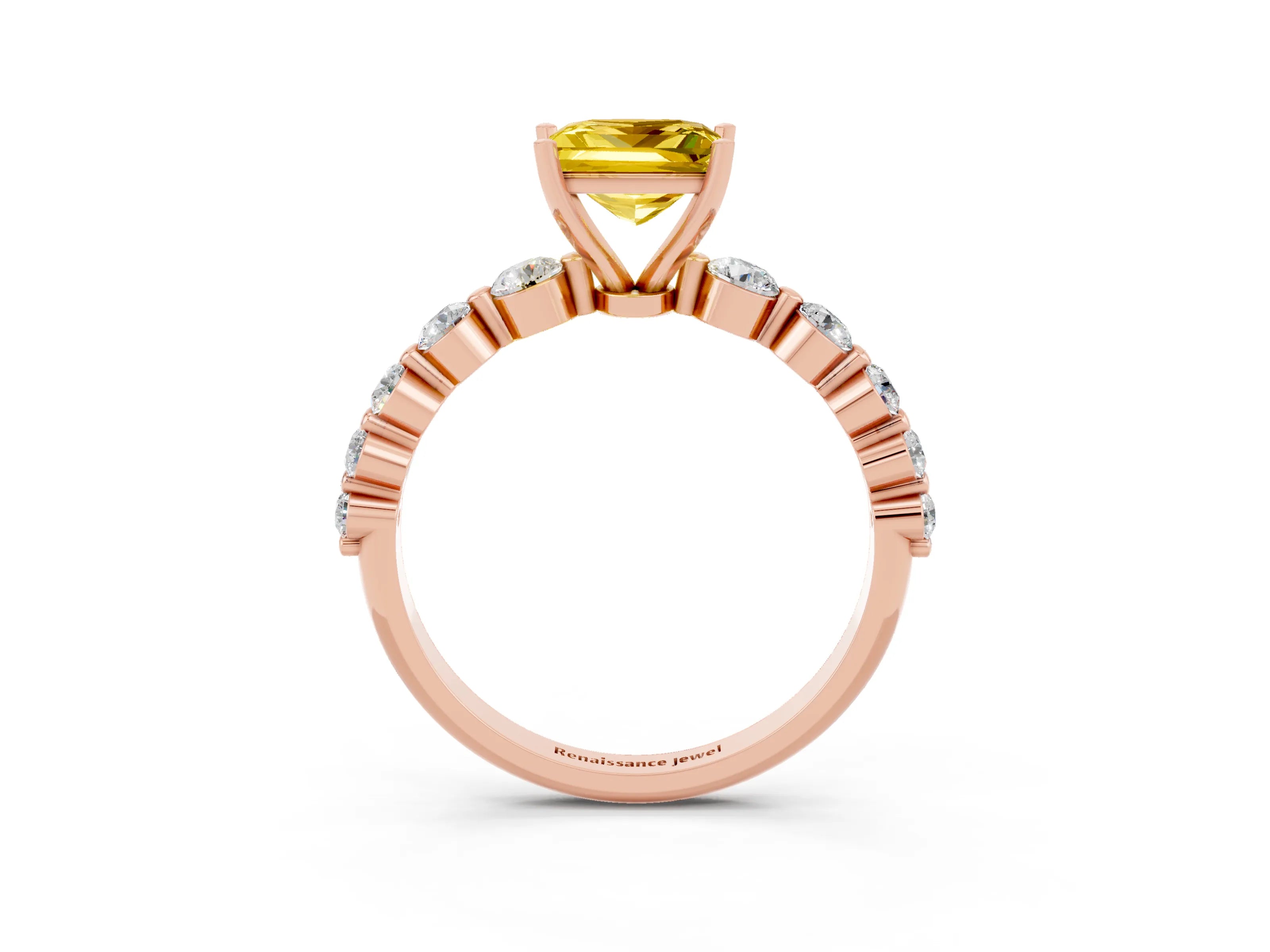 Rose gold Princess Cut Solitaire Yellow Sapphire Ring with Pave Band and Four-Prong Setting_27