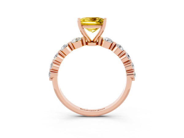 Rose gold Princess Cut Solitaire Yellow Sapphire Ring with Pave Band and Four-Prong Setting