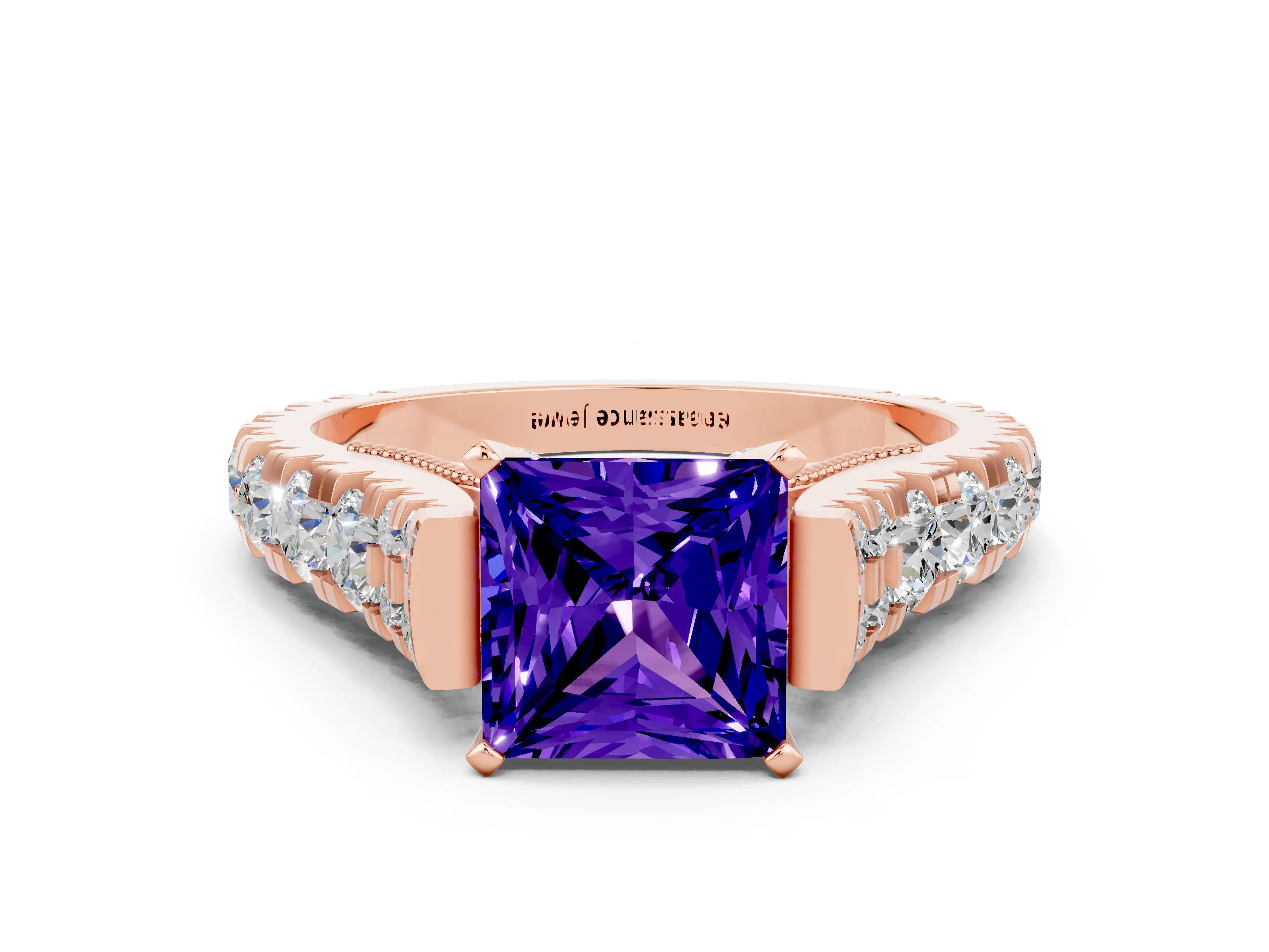 Rose gold Princess Cut Tanzanite Classic Solitaire Ring with Pavé Band and Four-Prong Setting