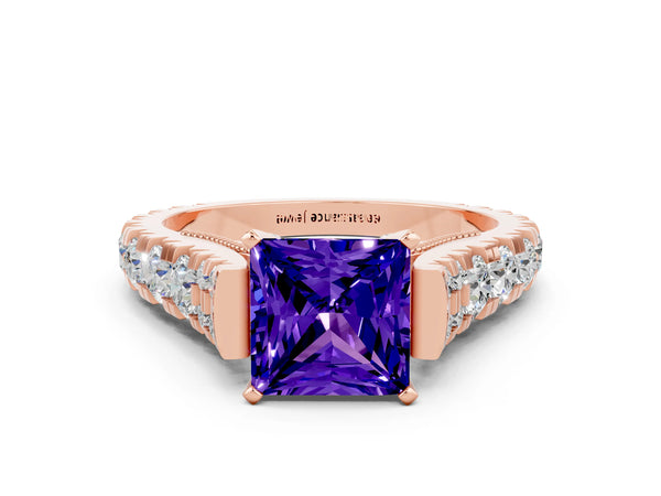 Rose gold Princess Cut Tanzanite Classic Solitaire Ring with Pavé Band and Four-Prong Setting