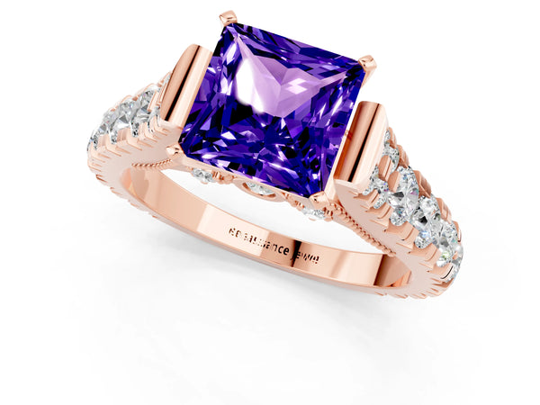 Rose gold Princess Cut Tanzanite Classic Solitaire Ring with Pavé Band and Four-Prong Setting