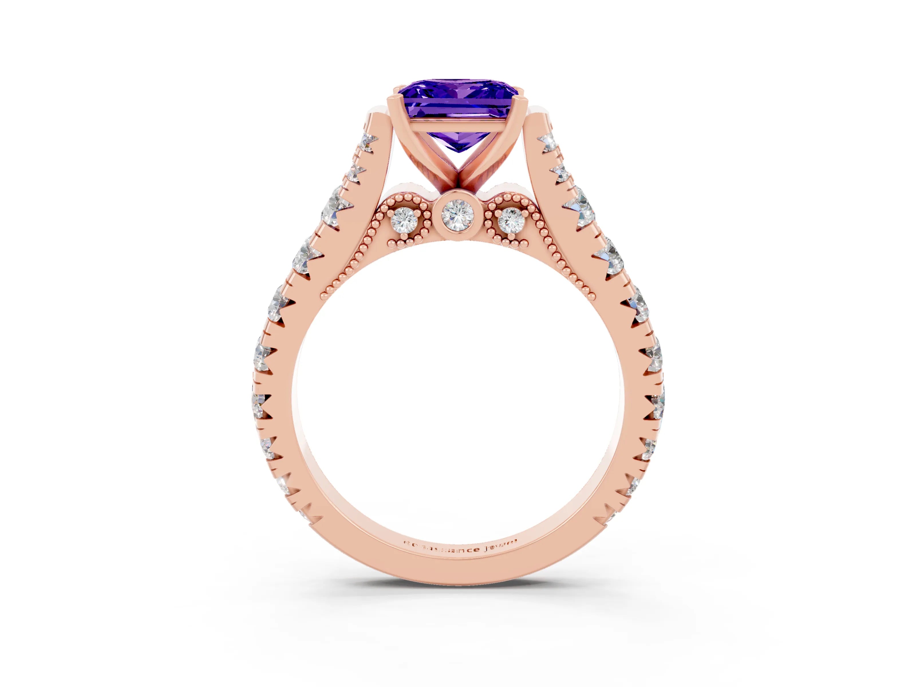 Rose gold Princess Cut Tanzanite Classic Solitaire Ring with Pavé Band and Four-Prong Setting_3