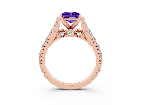 Rose gold Princess Cut Tanzanite Classic Solitaire Ring with Pavé Band and Four-Prong Setting