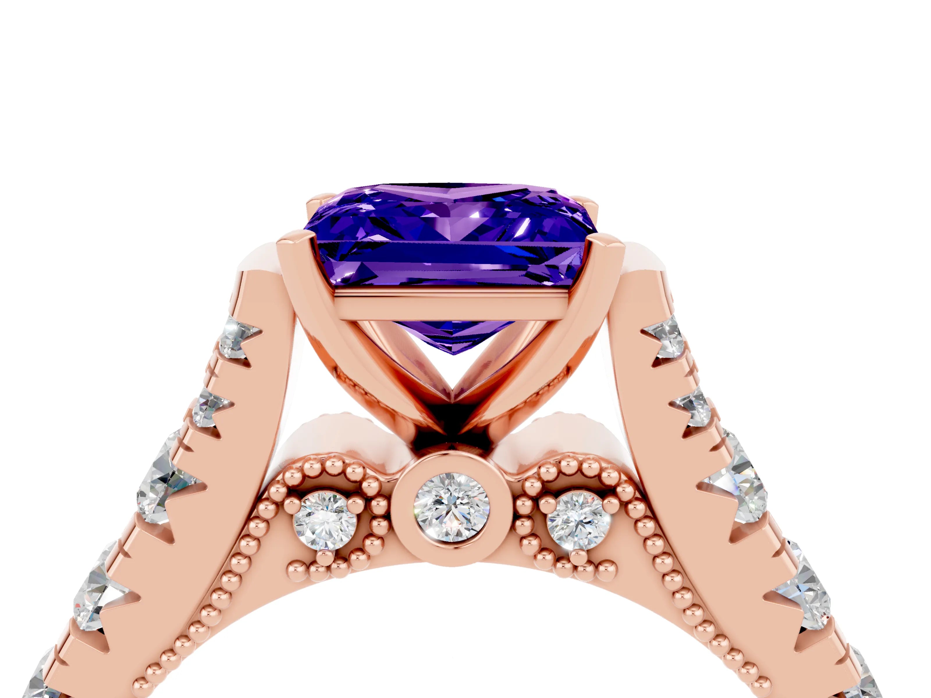 Rose gold Princess Cut Tanzanite Classic Solitaire Ring with Pavé Band and Four-Prong Setting_4