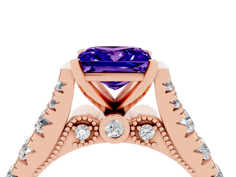 Rose gold Princess Cut Tanzanite Classic Solitaire Ring with Pavé Band and Four-Prong Setting_4