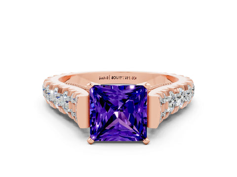 Rose gold Princess Cut Tanzanite Classic Solitaire Ring with Pavé Band and Four-Prong Setting