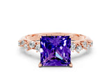 Rose gold Princess Cut Tanzanite Cluster Side Stone Solitaire Ring with Prong Setting_24