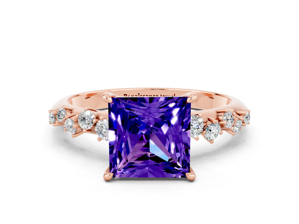 Rose gold Princess Cut Tanzanite Cluster Side Stone Solitaire Ring with Prong Setting