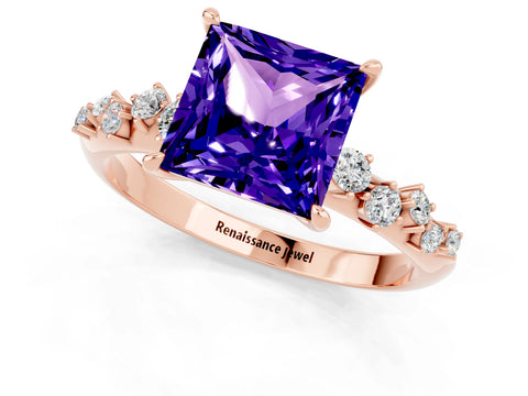 Rose gold Princess Cut Tanzanite Cluster Side Stone Solitaire Ring with Prong Setting_25