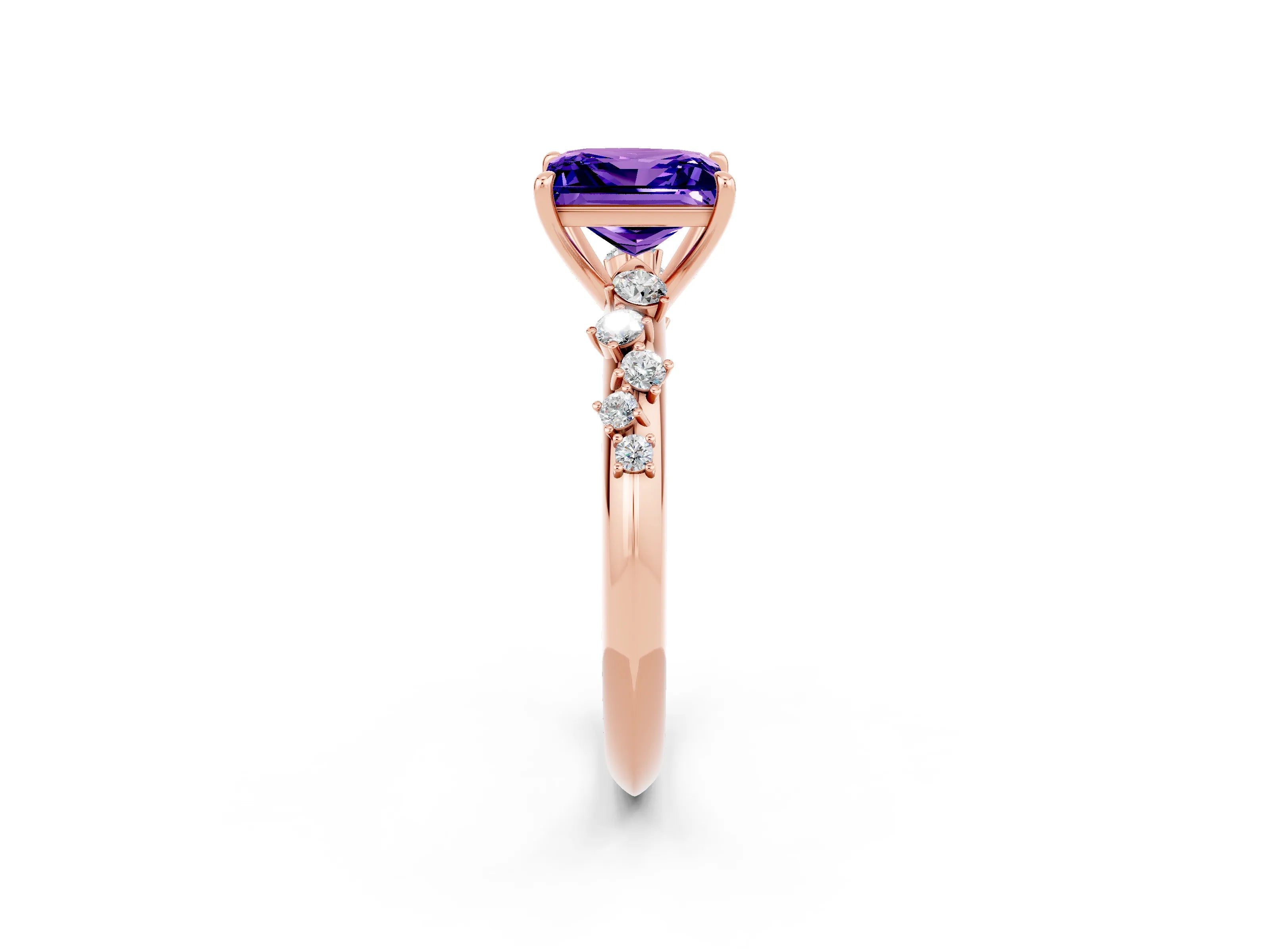 Rose gold Princess Cut Tanzanite Cluster Side Stone Solitaire Ring with Prong Setting_26