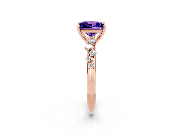 Rose gold Princess Cut Tanzanite Cluster Side Stone Solitaire Ring with Prong Setting