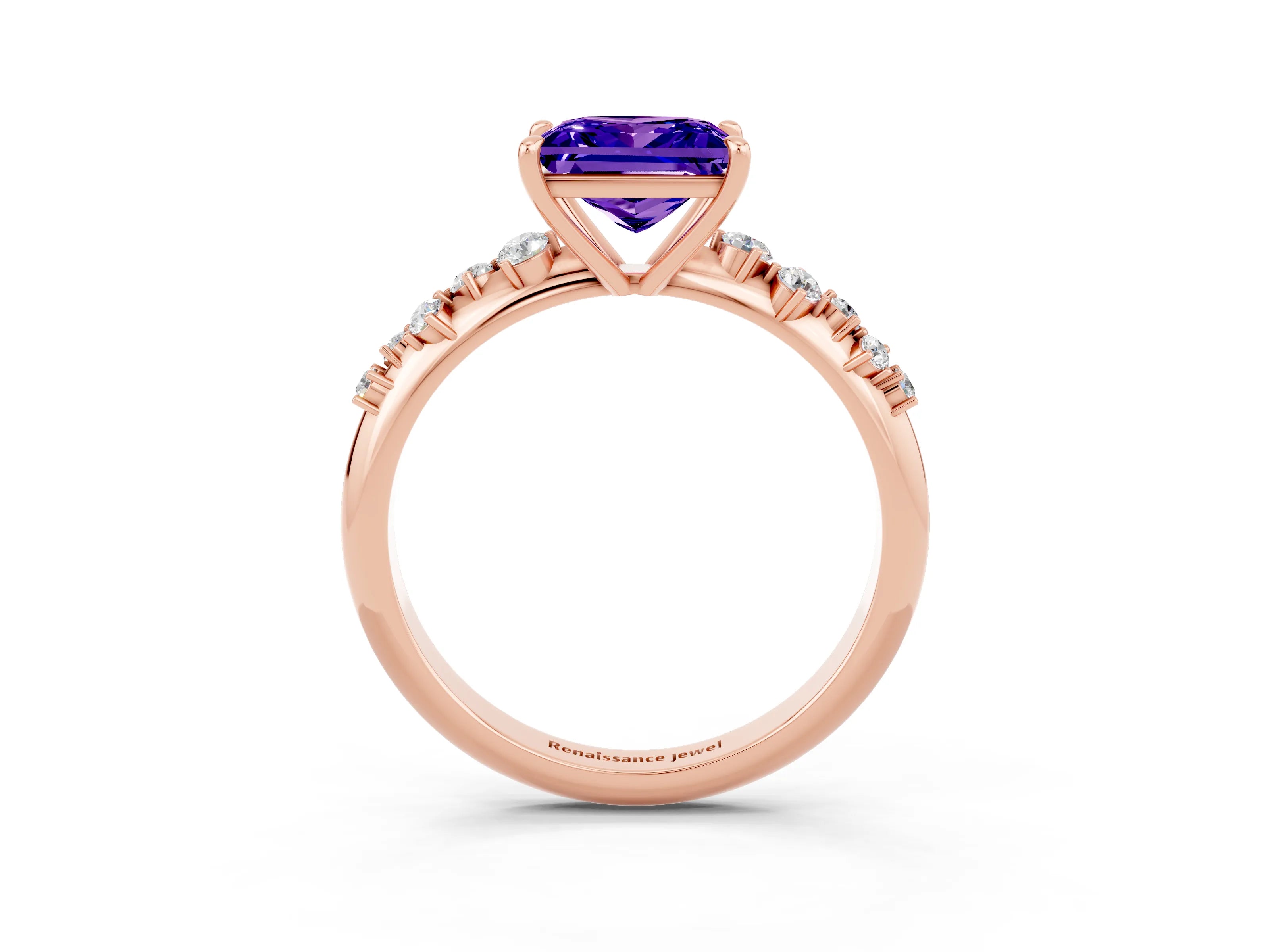 Rose gold Princess Cut Tanzanite Cluster Side Stone Solitaire Ring with Prong Setting_27