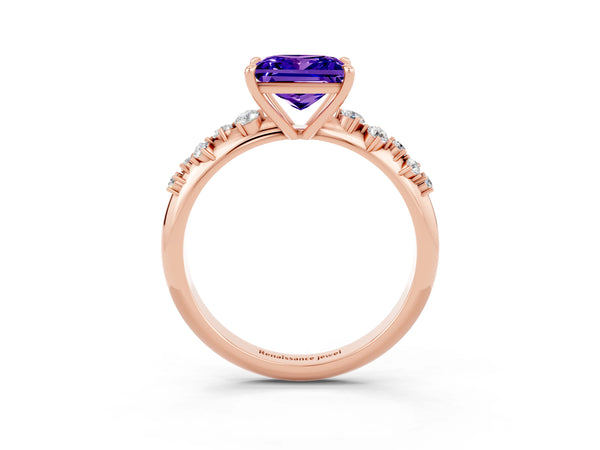 Rose gold Princess Cut Tanzanite Cluster Side Stone Solitaire Ring with Prong Setting