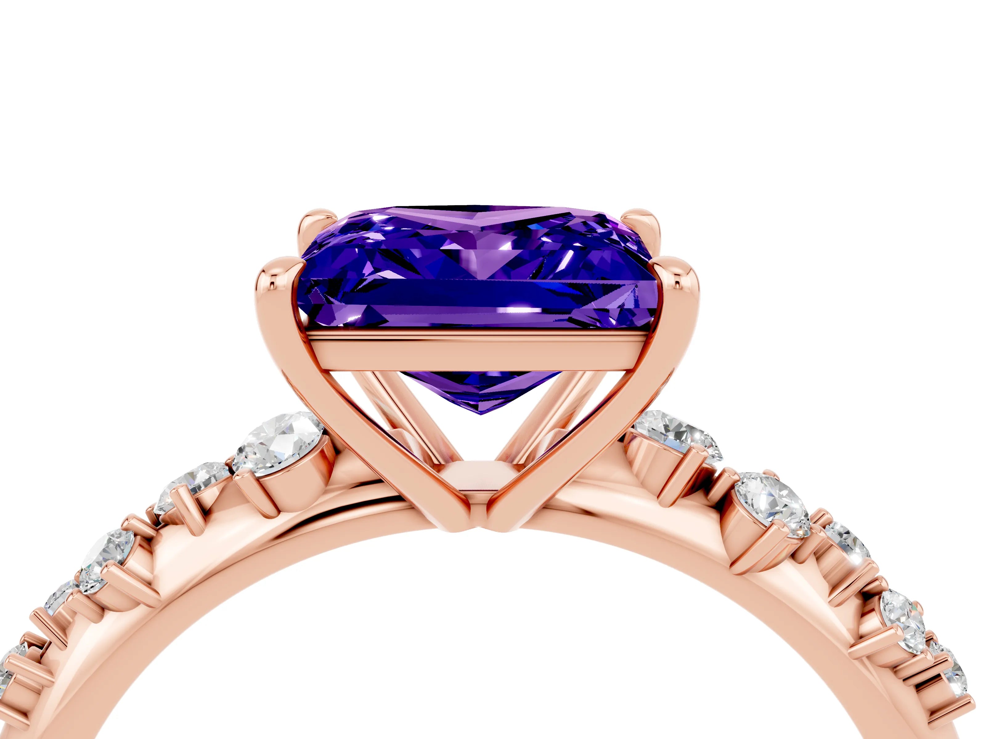 Rose gold Princess Cut Tanzanite Cluster Side Stone Solitaire Ring with Prong Setting_28