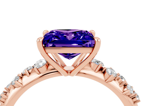 Rose gold Princess Cut Tanzanite Cluster Side Stone Solitaire Ring with Prong Setting_28