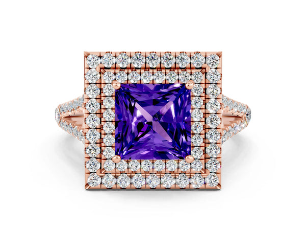Rose gold Princess Cut Tanzanite Double Halo Ring with Pavé Band and Prong Setting