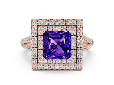 Rose gold Princess Cut Tanzanite Double Halo Ring with Pavé Band and Prong Setting_12