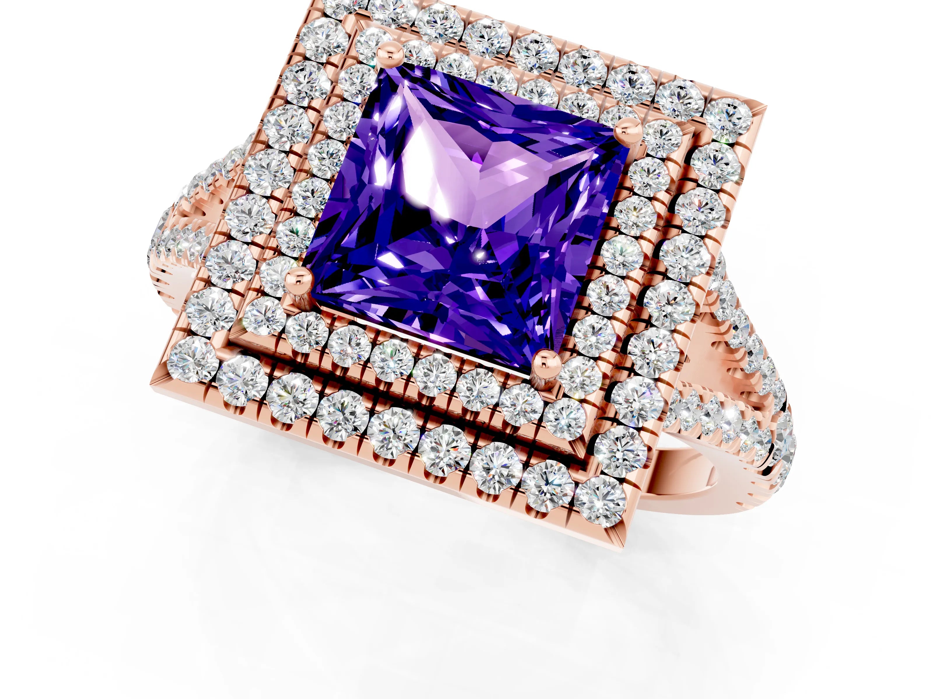 Rose gold Princess Cut Tanzanite Double Halo Ring with Pavé Band and Prong Setting_13