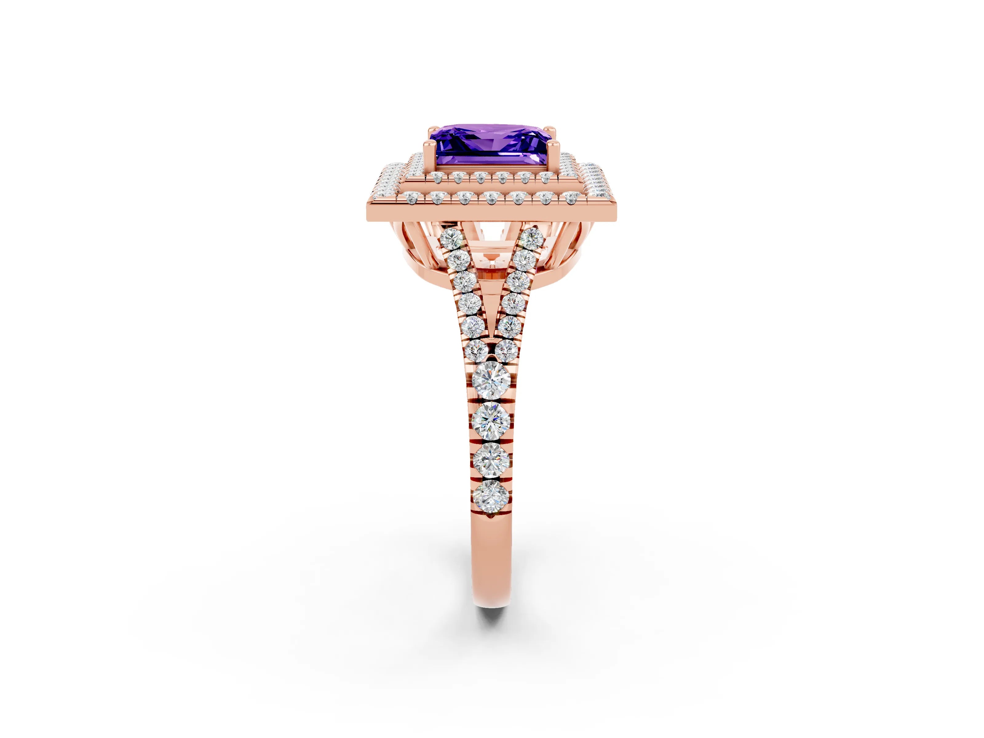 Rose gold Princess Cut Tanzanite Double Halo Ring with Pavé Band and Prong Setting_14