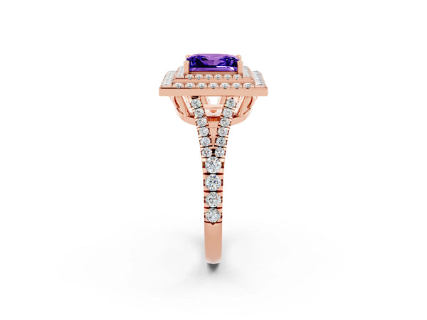 Rose gold Princess Cut Tanzanite Double Halo Ring with Pavé Band and Prong Setting