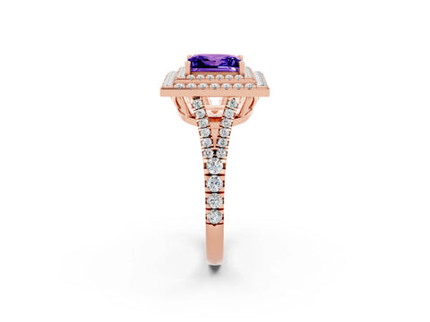 Rose gold Princess Cut Tanzanite Double Halo Ring with Pavé Band and Prong Setting_14
