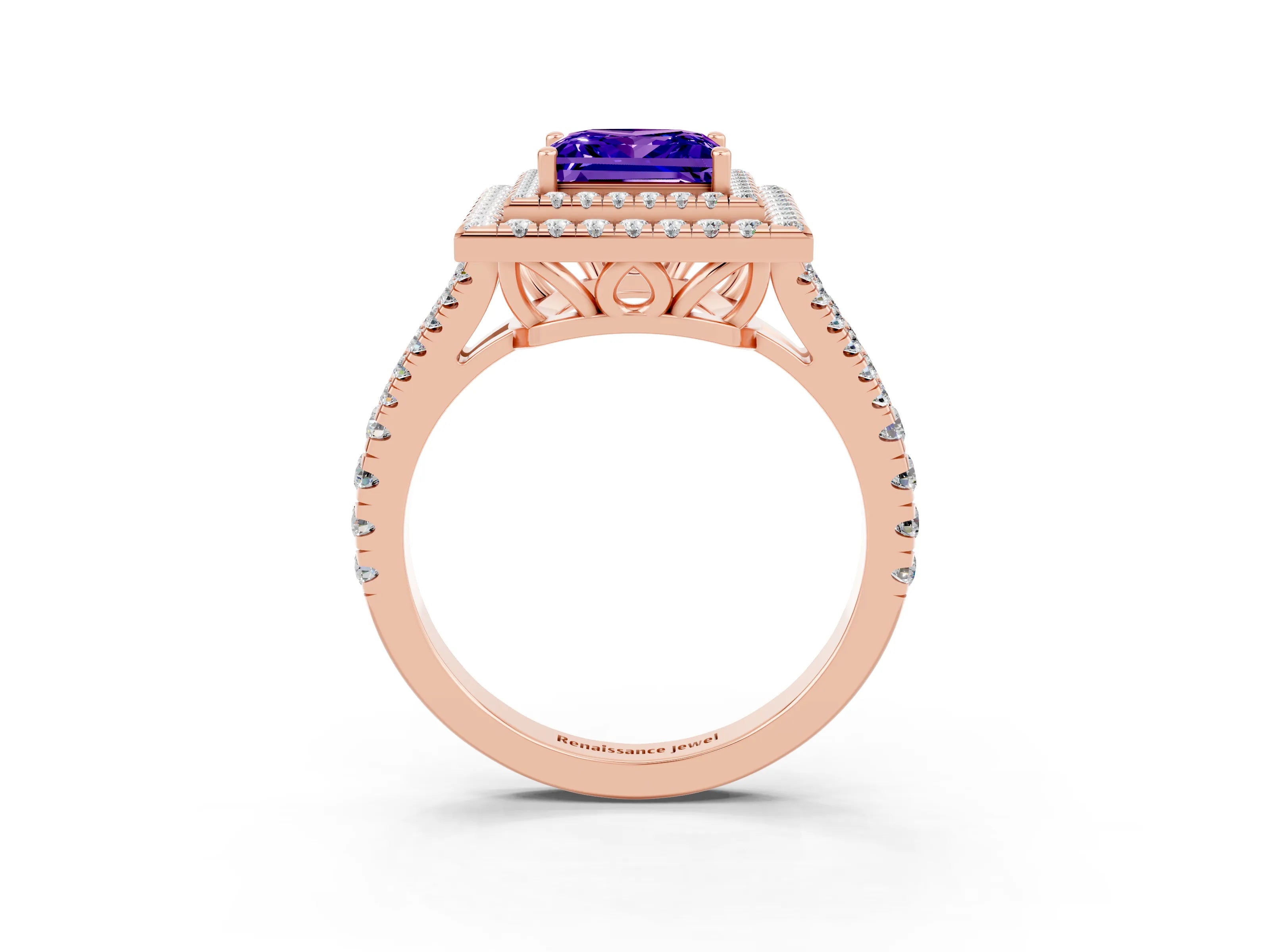 Rose gold Princess Cut Tanzanite Double Halo Ring with Pavé Band and Prong Setting_15