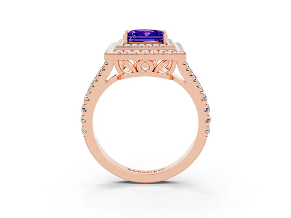 Rose gold Princess Cut Tanzanite Double Halo Ring with Pavé Band and Prong Setting