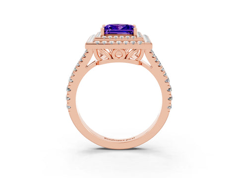 Rose gold Princess Cut Tanzanite Double Halo Ring with Pavé Band and Prong Setting_15