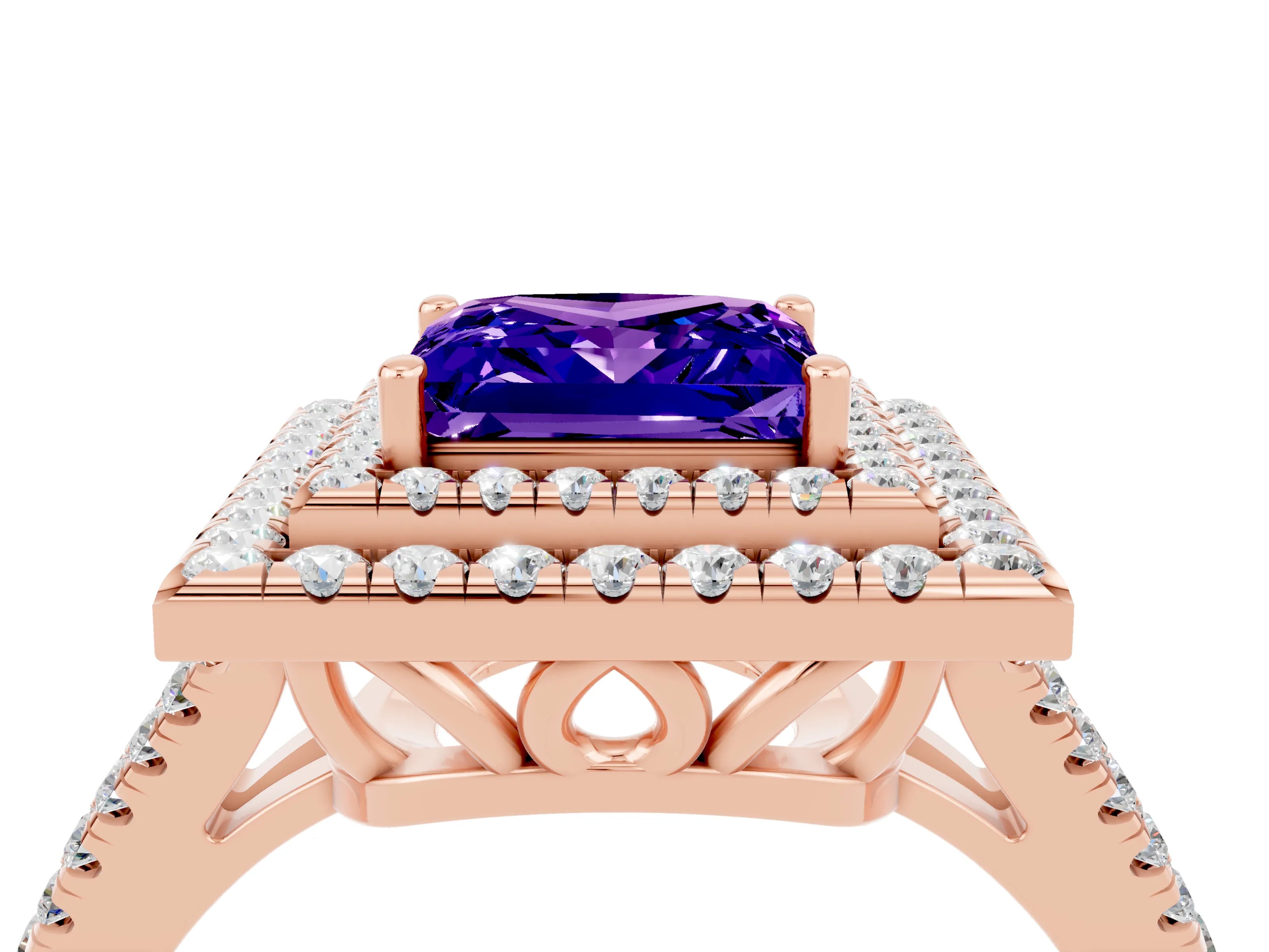 Rose gold Princess Cut Tanzanite Double Halo Ring with Pavé Band and Prong Setting_16