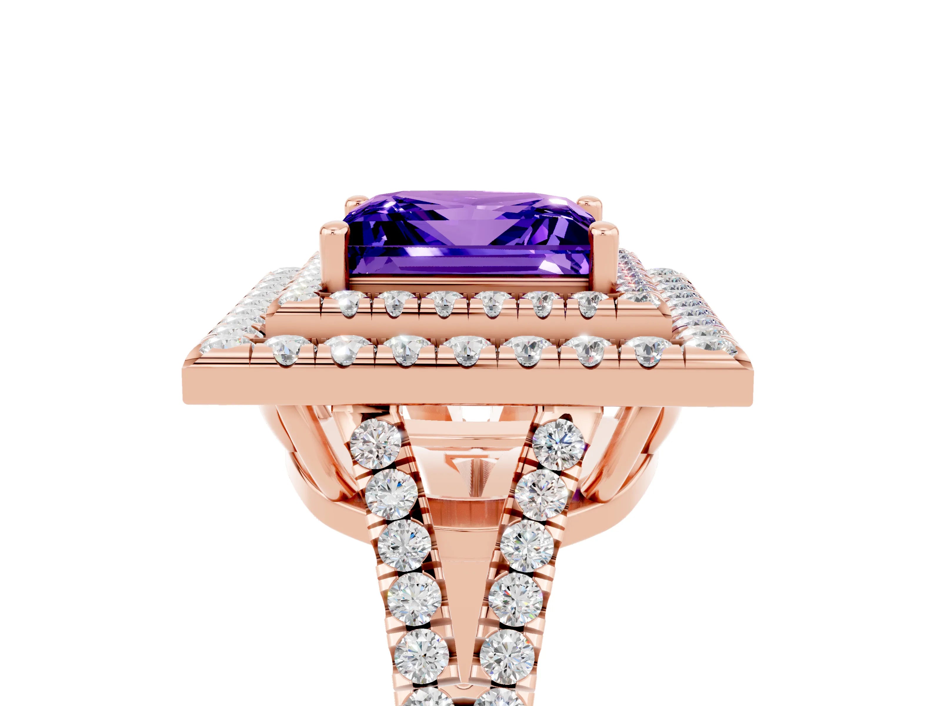 Rose gold Princess Cut Tanzanite Double Halo Ring with Pavé Band and Prong Setting_17