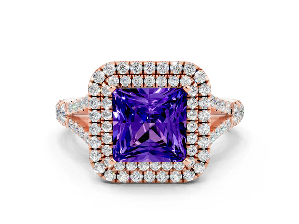 Rose gold Princess Cut Tanzanite Double Halo Ring with Split Shank and Prong Setting