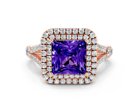 Rose gold Princess Cut Tanzanite Double Halo Ring with Split Shank and Prong Setting_12