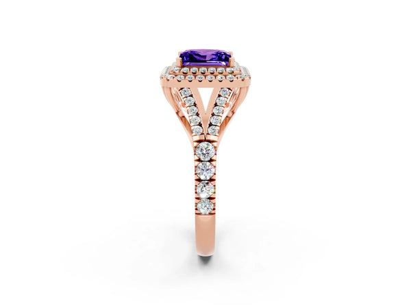Rose gold Princess Cut Tanzanite Double Halo Ring with Split Shank and Prong Setting