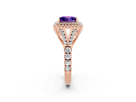 Rose gold Princess Cut Tanzanite Double Halo Ring with Split Shank and Prong Setting_14