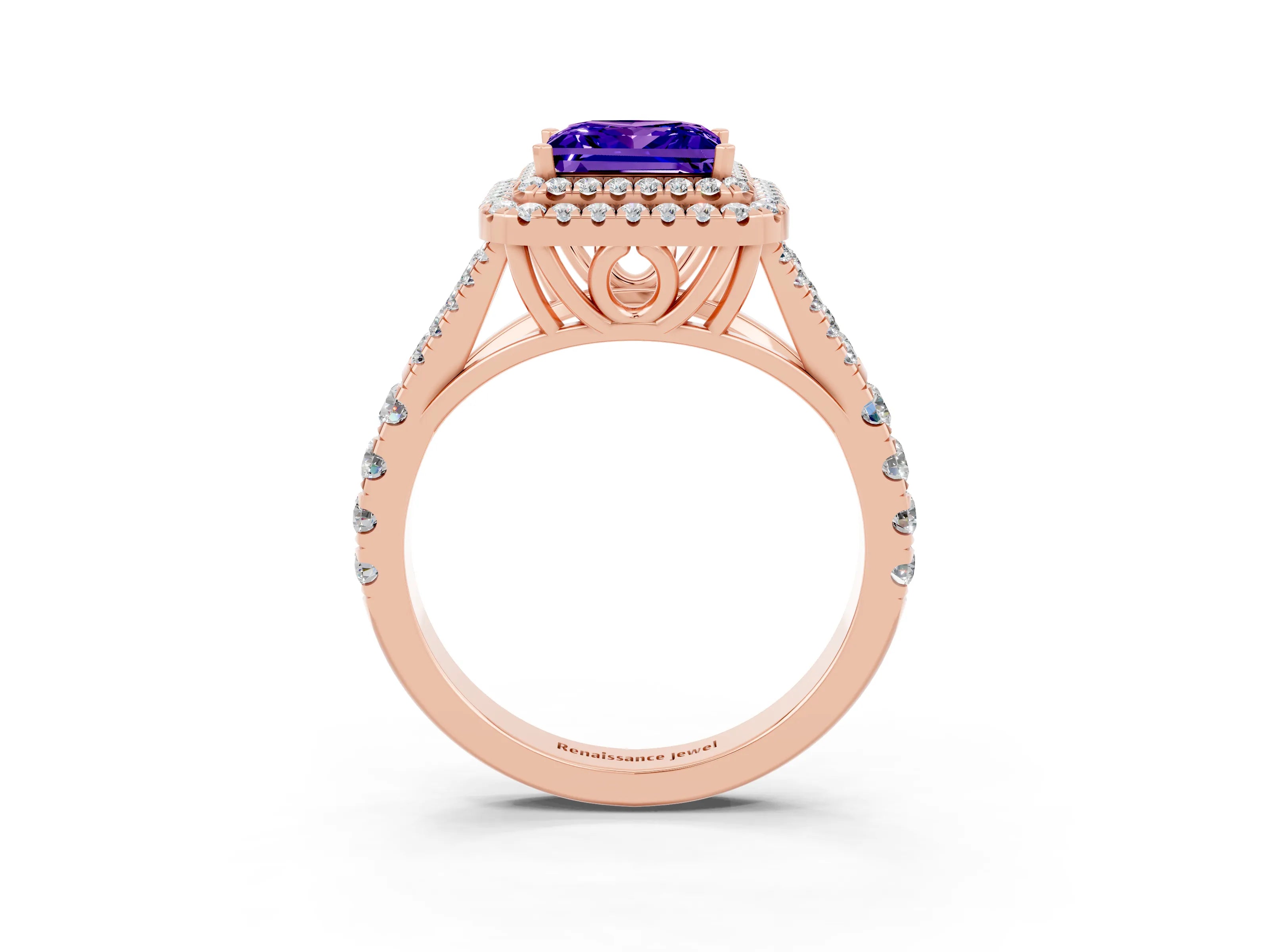 Rose gold Princess Cut Tanzanite Double Halo Ring with Split Shank and Prong Setting_15