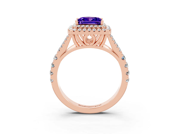 Rose gold Princess Cut Tanzanite Double Halo Ring with Split Shank and Prong Setting