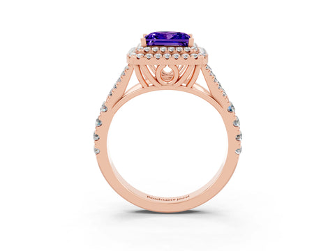 Rose gold Princess Cut Tanzanite Double Halo Ring with Split Shank and Prong Setting_15