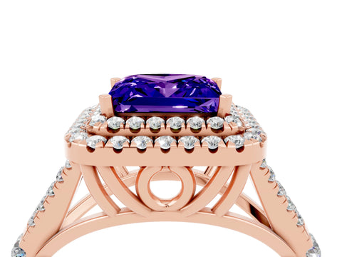 Rose gold Princess Cut Tanzanite Double Halo Ring with Split Shank and Prong Setting_16